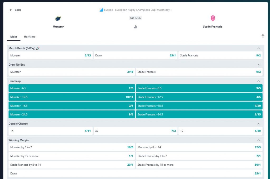 A screenshot of a rugby handicap bet