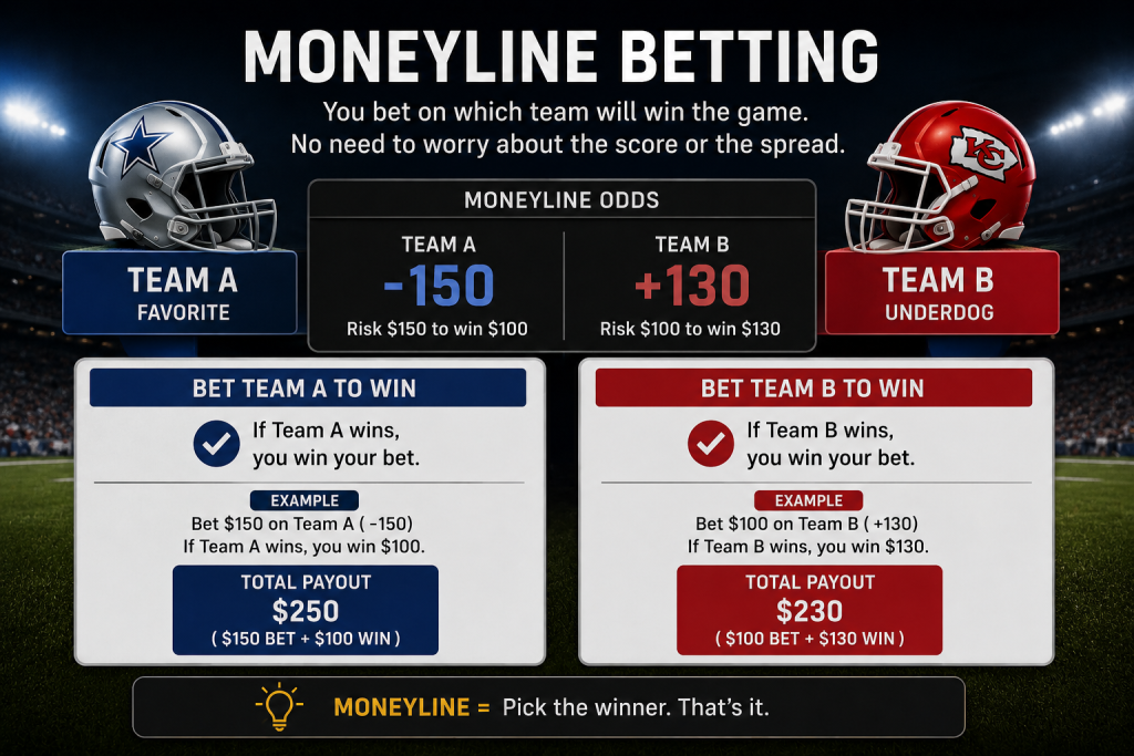 Diagrama mostrando as apostas moneyline na NFL.