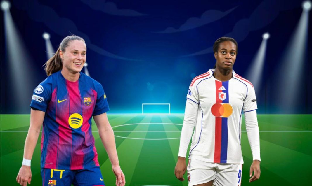 Fotomontagem de Barcelona F x Lyon F na Champions Feminina