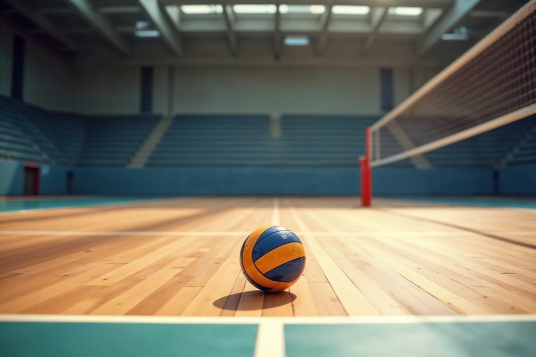 Bola de vôlei no centro de quadra vazia